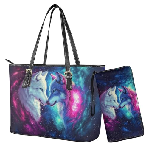 Nittanovaca Geldbörsen- und Handtaschen-Set, Handtaschen-Set mit Reißverschluss, wasserdichte Geldbörse, Schultertasche, Tragegriff oben, Geldbörse, Blau und Pink-Wolf-Galaxie von Nittanovaca