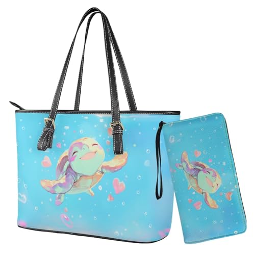 Nittanovaca Geldbörsen- und Handtaschen-Set, Handtaschen-Set mit Reißverschluss, wasserdichte Geldbörse, Schultertasche, Tragegriff oben, Geldbörse, Blue-sea Turtle Love von Nittanovaca