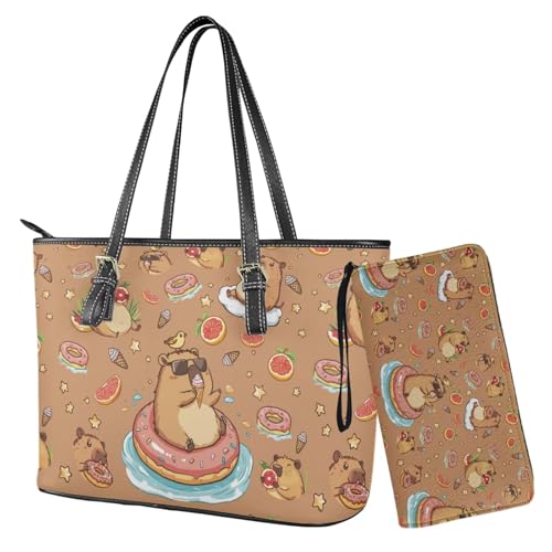 Nittanovaca Geldbörsen- und Handtaschen-Set, Handtaschen-Set mit Reißverschluss, wasserdichte Geldbörse, Schultertasche, Tragegriff oben, Geldbörse, Braun-Capybara-Orange von Nittanovaca