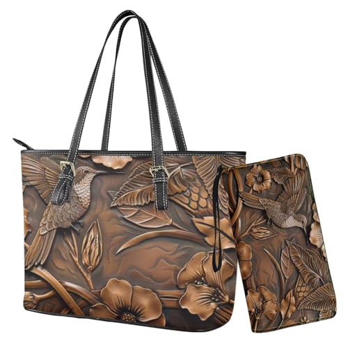 Nittanovaca Geldbörsen- und Handtaschen-Set, Handtaschen-Set mit Reißverschluss, wasserdichte Geldbörse, Schultertasche, Tragegriff oben, Geldbörse, Braune Kolibri-Blume von Nittanovaca