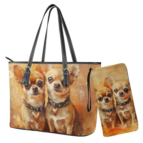 Nittanovaca Geldbörsen- und Handtaschen-Set, Handtaschen-Set mit Reißverschluss, wasserdichte Geldbörse, Schultertasche, Tragegriff oben, Geldbörse, Gold-Chihuahua von Nittanovaca
