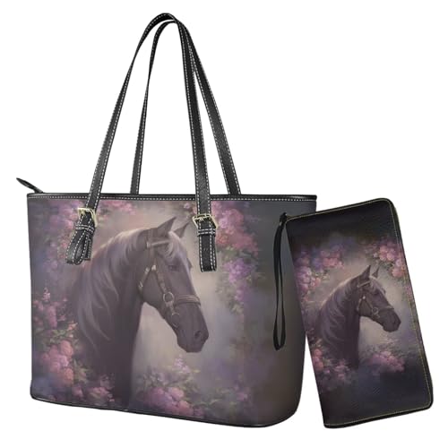 Nittanovaca Geldbörsen- und Handtaschen-Set, Handtaschen-Set mit Reißverschluss, wasserdichte Geldbörse, Schultertasche, Tragegriff oben, Geldbörse, Graue Pferdeblume von Nittanovaca