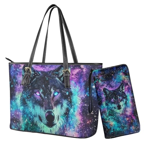 Nittanovaca Geldbörsen- und Handtaschen-Set, Handtaschen-Set mit Reißverschluss, wasserdichte Geldbörse, Schultertasche, Tragegriff oben, Geldbörse, Mehrfarbig-Wolf-Galaxie von Nittanovaca