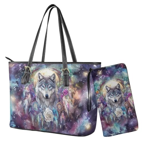 Nittanovaca Geldbörsen- und Handtaschen-Set, Handtaschen-Set mit Reißverschluss, wasserdichte Geldbörse, Schultertasche, Tragegriff oben, Geldbörse, Mehrfarbig-Wolf Traumfänger Rose von Nittanovaca