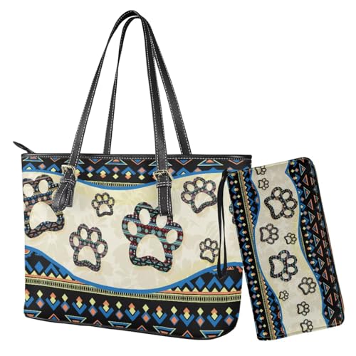 Nittanovaca Geldbörsen- und Handtaschen-Set, Handtaschen-Set mit Reißverschluss, wasserdichte Geldbörse, Schultertasche, Tragegriff oben, Geldbörse, Mehrfarbige Hundepfote, Aztekenmuster von Nittanovaca