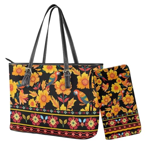 Nittanovaca Geldbörsen- und Handtaschen-Set, Handtaschen-Set mit Reißverschluss, wasserdichte Geldbörse, Schultertasche, Tragegriff oben, Geldbörse, Mehrfarbige Papageienblume Azteken von Nittanovaca
