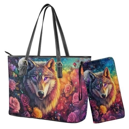 Nittanovaca Geldbörsen- und Handtaschen-Set, Handtaschen-Set mit Reißverschluss, wasserdichte Geldbörse, Schultertasche, Tragegriff oben, Geldbörse, Mehrfarbige Wolfsrose Nittanovaca Geldbörsen- und Handtaschen-Set, Handtaschen-Set mit Reißverschluss, wasserdichte Geldbörse, Schultertasche, Tragegriff oben, Geldbörse, Mehrfarbige Wolfsrose von Nittanovaca