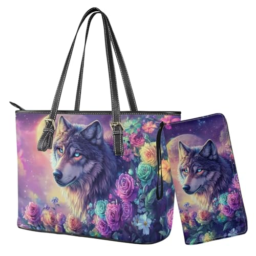 Nittanovaca Geldbörsen- und Handtaschen-Set, Handtaschen-Set mit Reißverschluss, wasserdichte Geldbörse, Schultertasche, Tragegriff oben, Geldbörse, Mehrfarbiger Wolf Rose Moon von Nittanovaca