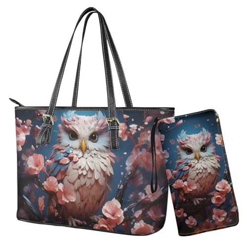 Nittanovaca Geldbörsen- und Handtaschen-Set, Handtaschen-Set mit Reißverschluss, wasserdichte Geldbörse, Schultertasche, Tragegriff oben, Geldbörse, Pink-Eule Lilie von Nittanovaca