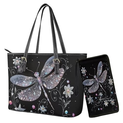 Nittanovaca Geldbörsen- und Handtaschen-Set, Handtaschen-Set mit Reißverschluss, wasserdichte Geldbörse, Schultertasche, Tragegriff oben, Geldbörse, Schwarze Libellen-Blume Nittanovaca Geldbörsen- und Handtaschen-Set, Handtaschen-Set mit Reißverschluss, wasserdichte Geldbörse, Schultertasche, Tragegriff oben, Geldbörse, Schwarze Libellen-Blume von Nittanovaca