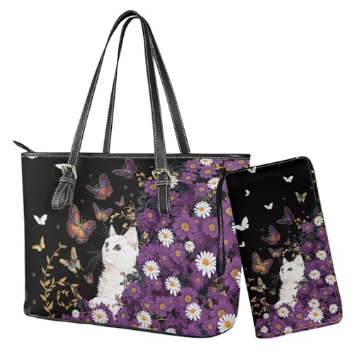 Nittanovaca Geldbörsen- und Handtaschen-Set, Handtaschen-Set mit Reißverschluss, wasserdichte Geldbörse, Schultertasche, Tragegriff oben, Geldbörse, Violette Katze, Gänseblümchen, Schmetterling Nittanovaca Geldbörsen- und Handtaschen-Set, Handtaschen-Set mit Reißverschluss, wasserdichte Geldbörse, Schultertasche, Tragegriff oben, Geldbörse, Violette Katze, Gänseblümchen, Schmetterling von Nittanovaca