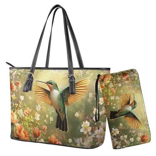 Nittanovaca Handtasche mit Kolibri-Blumendruck, Schultertasche, Tragegriff oben, Geldbörse, große Taschen und Geldbörsen-Set für Damen von Nittanovaca