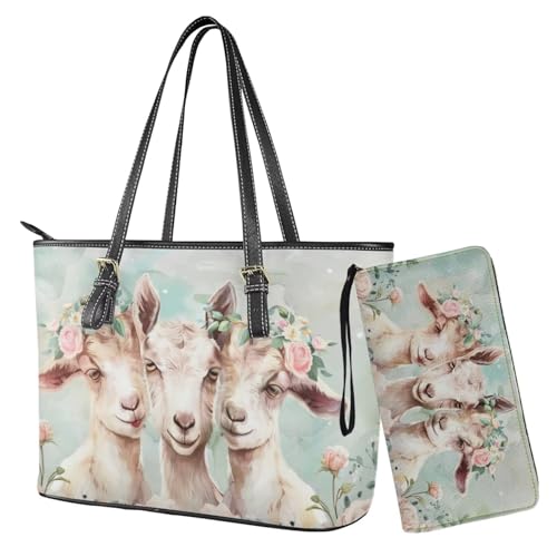 Nittanovaca Handtasche mit passender Geldbörse, Reißverschluss, Handtasche, Tragetasche für Damen, wasserdichte Umhängetasche für die Arbeit, Grüne Ziege Rose von Nittanovaca