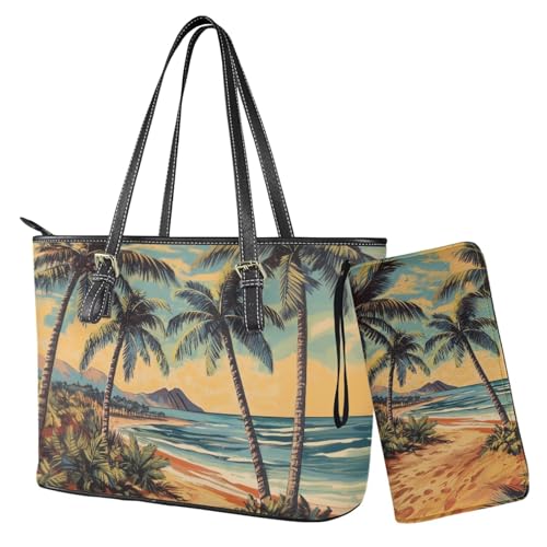 Nittanovaca Handtasche mit passender Geldbörse, Reißverschluss, Handtasche, Tragetasche für Damen, wasserdichte Umhängetasche für die Arbeit, Mehrfarbige Palme von Nittanovaca