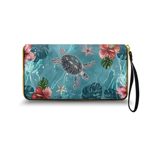 Nittanovaca Hibiskus Monstera Schildkröte Gedruckt Geldbörse Damen groß im Langformat, Geldbeutel mit Gedruckt auf Leder, Reißverschluss Geldbörse, Portemonnaie mit vielen Fächern1 von Nittanovaca