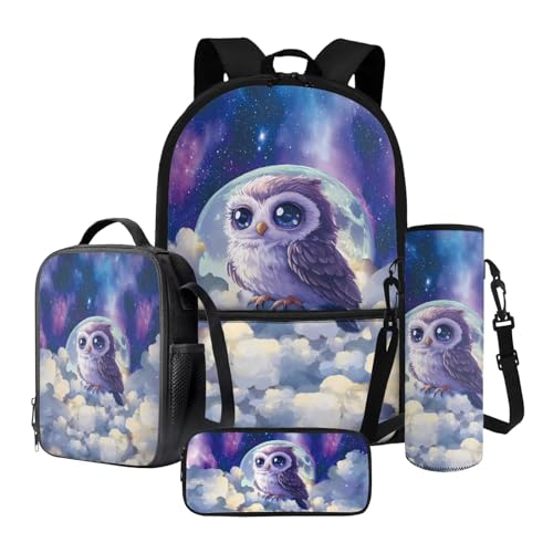 Nittanovaca Kinder-Rucksack, Schultasche, 4er-Set, Rucksack mit Lunchbag-Set für Schüler, Geschenk zum Schulanfang, Blaue Eule, Schulranzen-Set von Nittanovaca
