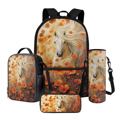 Nittanovaca Kinder-Rucksack, Schultasche, 4er-Set, Rucksack mit Lunchbag-Set für Schüler, Geschenk zum Schulanfang, Orangefarbene Pferdeblume, Schulranzen-Set von Nittanovaca