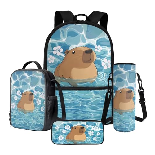 Nittanovaca Kinder-Rucksack-Set, stabile Schultasche für Jungen und Mädchen, 4-in-1-Rucksack-Set für Grundschule, Blue-capybara Kirschblüten, Schulranzen-Set von Nittanovaca