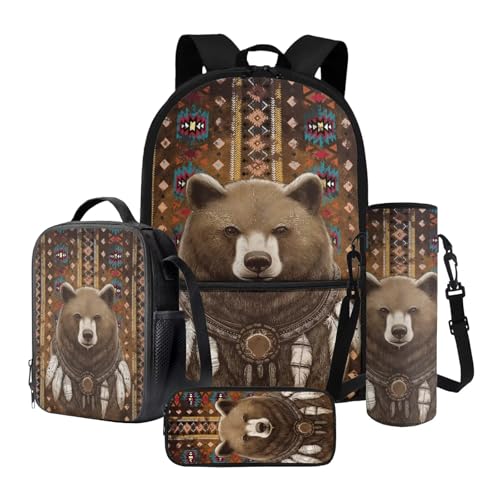 Nittanovaca Kinder-Rucksack-Set, stabile Schultasche für Jungen und Mädchen, 4-in-1-Rucksack-Set für Grundschule, Braunbär Azteken, Schulranzen-Set Nittanovaca Kinder-Rucksack-Set, stabile Schultasche für Jungen und Mädchen, 4-in-1-Rucksack-Set für Grundschule, Braunbär Azteken, Schulranzen-Set von Nittanovaca