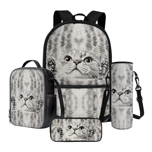 Nittanovaca Kinder-Rucksack-Set, stabile Schultasche für Jungen und Mädchen, 4-in-1-Rucksack-Set für Grundschule, Graue Katze mit Batikfärbung, Schulranzen-Set von Nittanovaca