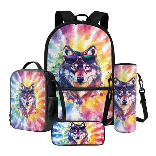 Nittanovaca Kinder-Rucksack-Set, stabile Schultasche für Jungen und Mädchen, 4-in-1-Rucksack-Set für Grundschule, Mehrfarbiger Wolf, Batikfärbung, Schulranzen-Set von Nittanovaca