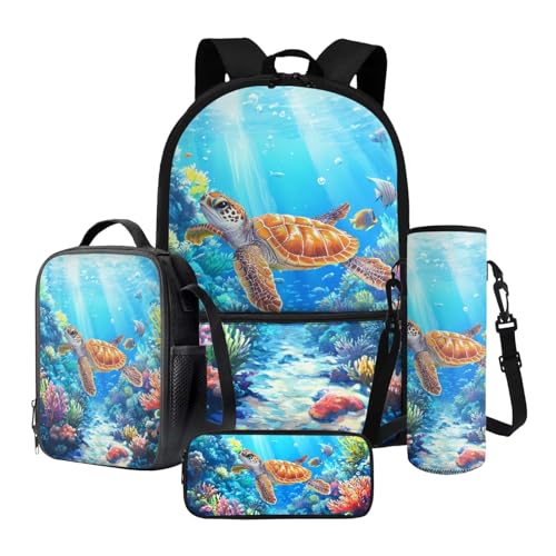 Nittanovaca Kinder-Schulranzen-Rucksack-Set, 4-teiliges Cartoon-Rucksack-Set, Vorschule, Grundschule, Büchertasche, Reiserucksack, Blaue Meeresschildkröte, Schulranzen-Set von Nittanovaca