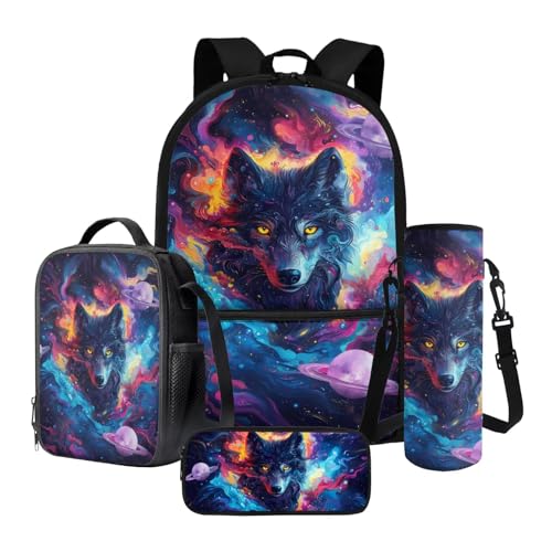 Nittanovaca Kinder-Schulranzen-Rucksack-Set, 4-teiliges Cartoon-Rucksack-Set, Vorschule, Grundschule, Büchertasche, Reiserucksack, Mehrfarbiger Wolfsplanet, Schulranzen-Set von Nittanovaca