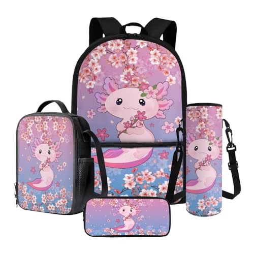 Nittanovaca Kinder-Schulranzen-Rucksack-Set, 4-teiliges Cartoon-Rucksack-Set, Vorschule, Grundschule, Büchertasche, Reiserucksack, Violett-axolotl-Kirschblüte, Schulranzen-Set von Nittanovaca