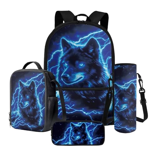 Nittanovaca Kinder-Schultasche mit Lunchbox-Set, Grundschulrucksack, Federmäppchen, Büchertasche mit Wasserflaschenhülle, Blue-Wolf, Schulranzen-Set Nittanovaca Kinder-Schultasche mit Lunchbox-Set, Grundschulrucksack, Federmäppchen, Büchertasche mit Wasserflaschenhülle, Blue-Wolf, Schulranzen-Set von Nittanovaca