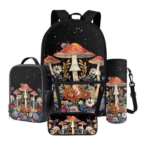 Nittanovaca Kinder-Schultasche mit Lunchbox-Set, Grundschulrucksack, Federmäppchen, Büchertasche mit Wasserflaschenhülle, Schwarz-Pilz, Schulranzen-Set von Nittanovaca