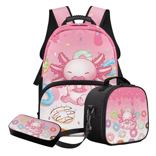 Nittanovaca Lässige Schultasche für Teenager, Kinder, Rucksäcke mit Lunchtasche, 3-teiliges Rucksack-Set für Reisen, Pink-Axolotl-Donut, Schulranzen-Set Nittanovaca Lässige Schultasche für Teenager, Kinder, Rucksäcke mit Lunchtasche, 3-teiliges Rucksack-Set für Reisen, Pink-Axolotl-Donut, Schulranzen-Set von Nittanovaca
