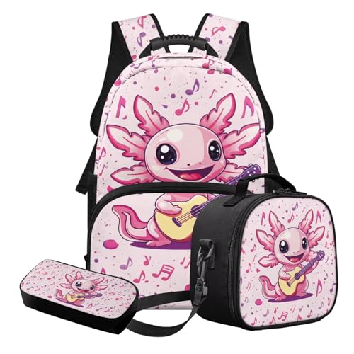 Nittanovaca Lässige Schultasche für Teenager, Kinder, Rucksäcke mit Lunchtasche, 3-teiliges Rucksack-Set für Reisen, Pink-Axolotl-Gitarre, Schulranzen-Set Nittanovaca Lässige Schultasche für Teenager, Kinder, Rucksäcke mit Lunchtasche, 3-teiliges Rucksack-Set für Reisen, Pink-Axolotl-Gitarre, Schulranzen-Set von Nittanovaca