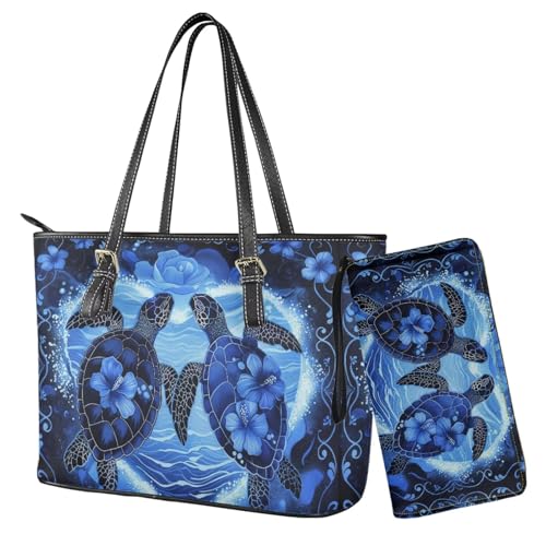 Nittanovaca Lederhandtasche und Geldbörse Set für Damen, große Tragetasche, Schultertasche, Tragegriff oben, Geldbörse mit Handgelenktasche, Blue-Turtle Hibiscus von Nittanovaca