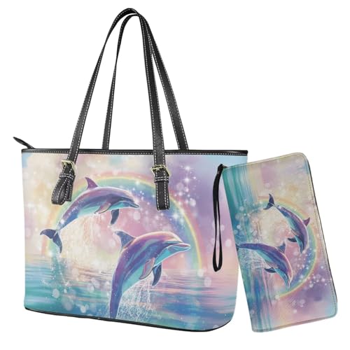 Nittanovaca Lederhandtasche und Geldbörse Set für Damen, große Tragetasche, Schultertasche, Tragegriff oben, Geldbörse mit Handgelenktasche, Lila-Delphin-Regenbogen von Nittanovaca