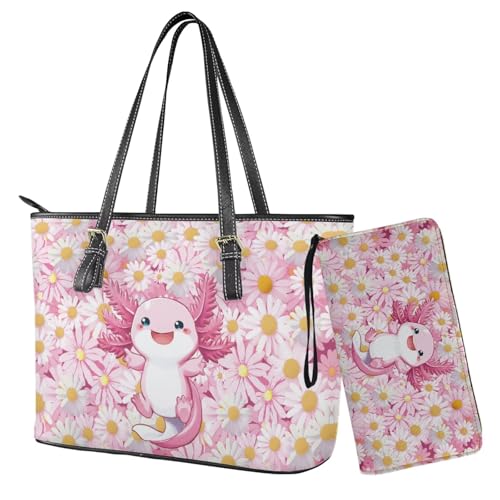 Nittanovaca Lederhandtasche und Geldbörse Set für Damen, große Tragetasche, Schultertasche, Tragegriff oben, Geldbörse mit Handgelenktasche, Pink-Axolotl Daisy von Nittanovaca