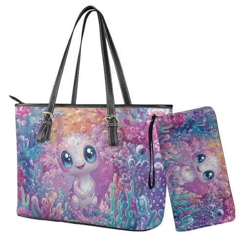 Nittanovaca Lederhandtasche und Geldbörse Set für Damen, große Tragetasche, Schultertasche, Tragegriff oben, Geldbörse mit Handgelenktasche, Violett-Axolotl von Nittanovaca