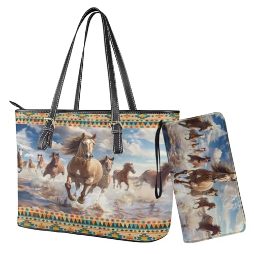 Nittanovaca Lederhandtaschen- und Geldbörsen-Set, Schultertasche, Tragegriff oben, Geldbörse, große Taschen für Damen, Mehrfarbig Pferd Azteken von Nittanovaca