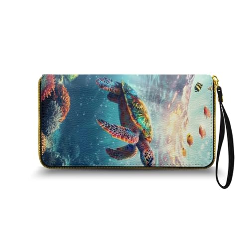 Nittanovaca Meeresschildkröte Gedruckt Geldbörse Damen groß im Langformat, Geldbeutel mit Gedruckt auf Leder, Reißverschluss Geldbörse, Portemonnaie mit vielen Fächern1 von Nittanovaca