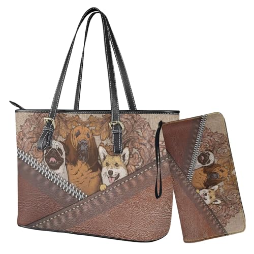 Nittanovaca Mops-Corgi-Hunde-Handtaschen-Set, Leder-Tragetasche, Reißverschluss-Geldbörse für Damen, Geldbörse und Handtaschen, Set mit Tragegriff oben, Arbeitshandtasche von Nittanovaca
