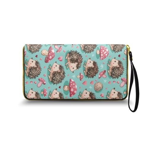 Nittanovaca Pilz Igel Gedruckt Geldbörse Damen groß im Langformat, Geldbeutel mit Gedruckt auf Leder, Reißverschluss Geldbörse, Portemonnaie mit vielen Fächern1 von Nittanovaca
