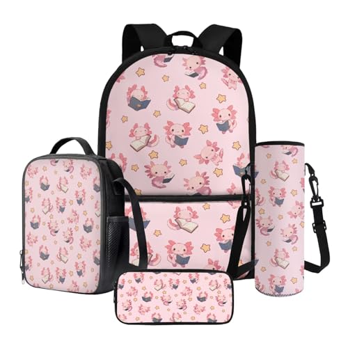 Nittanovaca Rucksack-Set für Teenager, Mädchen, Schüler, 4-teiliges Schultaschen-Set, großer Rucksack für Grundschule, Pink-Axolotl-Stern, Schulranzen-Set Nittanovaca Rucksack-Set für Teenager, Mädchen, Schüler, 4-teiliges Schultaschen-Set, großer Rucksack für Grundschule, Pink-Axolotl-Stern, Schulranzen-Set von Nittanovaca