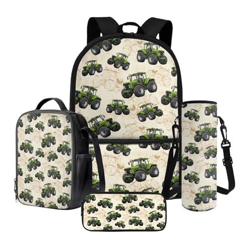 Nittanovaca Rucksack für Mädchen und Jungen, wiederverwendbare Schultasche, Lunchtasche, 4-in-1-Rucksack-Set für die Mittelschule, Beige-Traktor, Schulranzen-Set von Nittanovaca