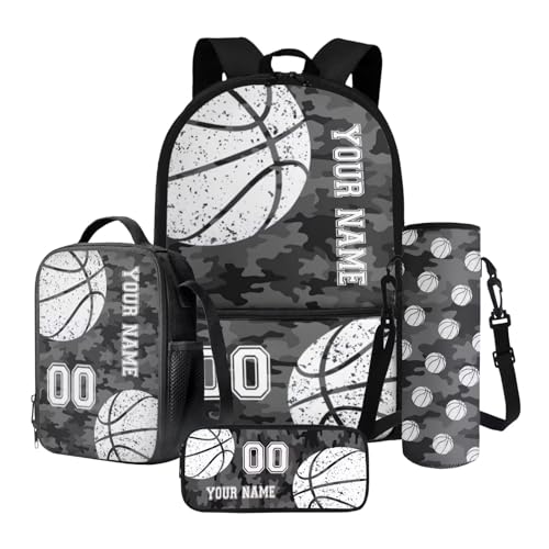 Nittanovaca Rucksack mit Lunchtasche-Set, lässige Schultasche, Wasserflasche für Kinder, personalisierter Rucksack mit Namen, Graues Basketball-Tarnmuster, Schulranzen-Set von Nittanovaca