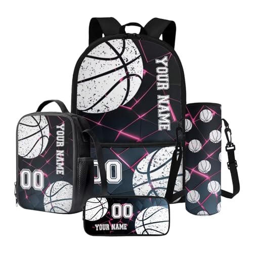 Nittanovaca Rucksack mit Lunchtasche-Set, lässige Schultasche, Wasserflasche für Kinder, personalisierter Rucksack mit Namen, Schwarze Basketball-Geometrie, Schulranzen-Set von Nittanovaca