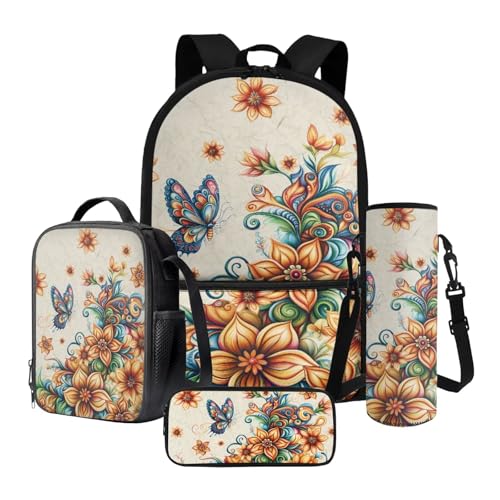 Nittanovaca Rucksack und Lunchbag-Set, Cartoon-Schultasche, Büchertasche für Mädchen und Jungen, großes 4-teiliges Rucksack-Set für Reisen, Mehrfarbiger Schmetterling mit Blumen, Schulranzen-Set Nittanovaca Rucksack und Lunchbag-Set, Cartoon-Schultasche, Büchertasche für Mädchen und Jungen, großes 4-teiliges Rucksack-Set für Reisen, Mehrfarbiger Schmetterling mit Blumen, Schulranzen-Set von Nittanovaca