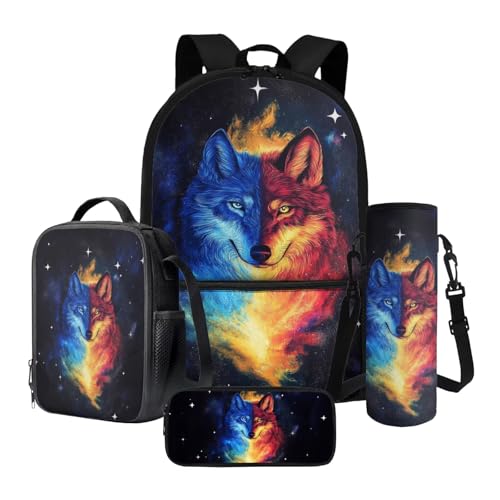 Nittanovaca Rucksack und Lunchtasche-Set, Schultasche, Schüler-Büchertasche für Kinder, lässiges Rucksack-Set für Grundschule, Mehrfarbiger Wolf, Schulranzen-Set von Nittanovaca
