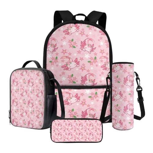 Nittanovaca Rucksack und Lunchtasche-Set, wiederverwendbare Schultasche für Jungen und Mädchen, Federmäppchen, Rucksack-Set für Grundschule, Pink-Axolotl-Kirschblüte, Schulranzen-Set Nittanovaca Rucksack und Lunchtasche-Set, wiederverwendbare Schultasche für Jungen und Mädchen, Federmäppchen, Rucksack-Set für Grundschule, Pink-Axolotl-Kirschblüte, Schulranzen-Set von Nittanovaca
