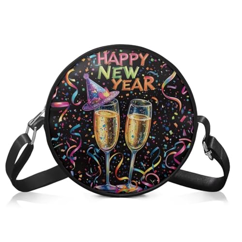 Nittanovaca Runde Damen-Umhängetasche, PU-Leder, runde Geldbörsen, kreisförmig, Umhängetasche für Party, Happy New Year-schwarz Nittanovaca Runde Damen-Umhängetasche, PU-Leder, runde Geldbörsen, kreisförmig, Umhängetasche für Party, Happy New Year-schwarz von Nittanovaca
