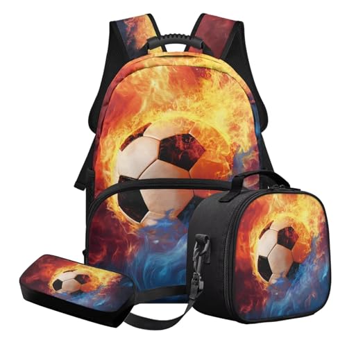 Nittanovaca Schulranzen-Set für Jungen, Rucksäcke mit Lunchtasche, Federmäppchen, 3-teiliges Set, Studentenrucksack, lässige Büchertasche, Mehrfarbiges Fußball-Wasserfeuer, Schulranzen-Set von Nittanovaca