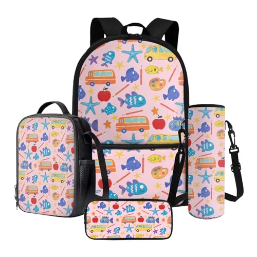 Nittanovaca Schulranzen-Set für Kinder, leichter Rucksack und Lunchtasche, Studentenrucksack für Reisen, Pink-Bus Fisch Apfel Seestern, Schulranzen-Set Nittanovaca Schulranzen-Set für Kinder, leichter Rucksack und Lunchtasche, Studentenrucksack für Reisen, Pink-Bus Fisch Apfel Seestern, Schulranzen-Set von Nittanovaca